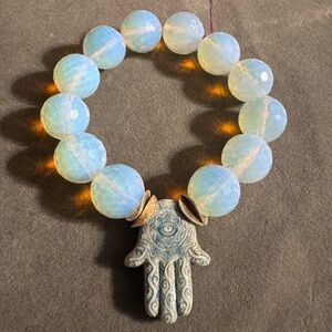 Ceramic Hamsa Hand Opalite Beaded Stretch Bracelet